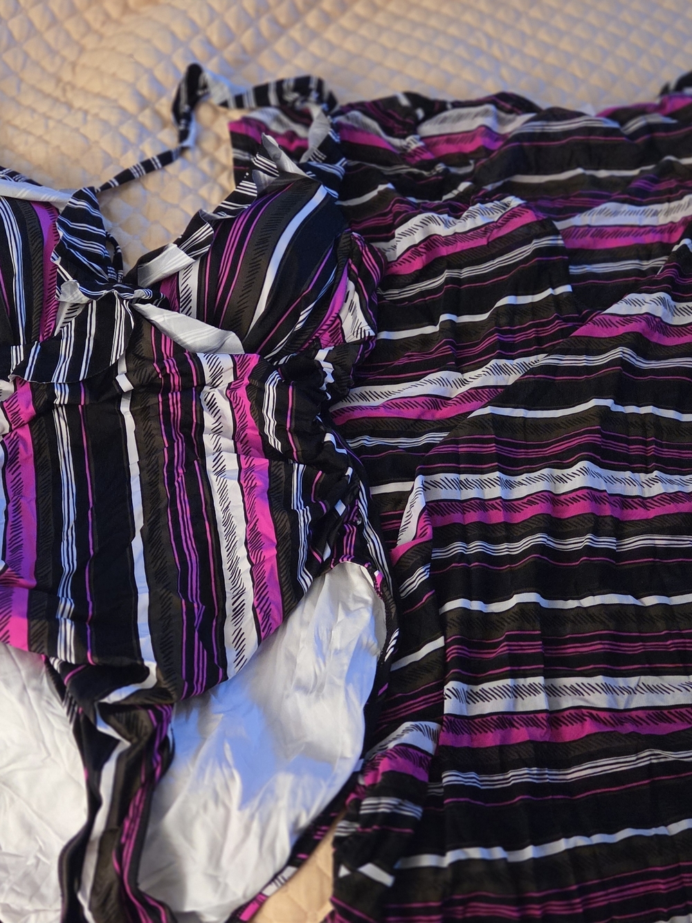 Striped Black, White & Magenta Two-Piece Swim Set- Swimsuir and Cover- Up